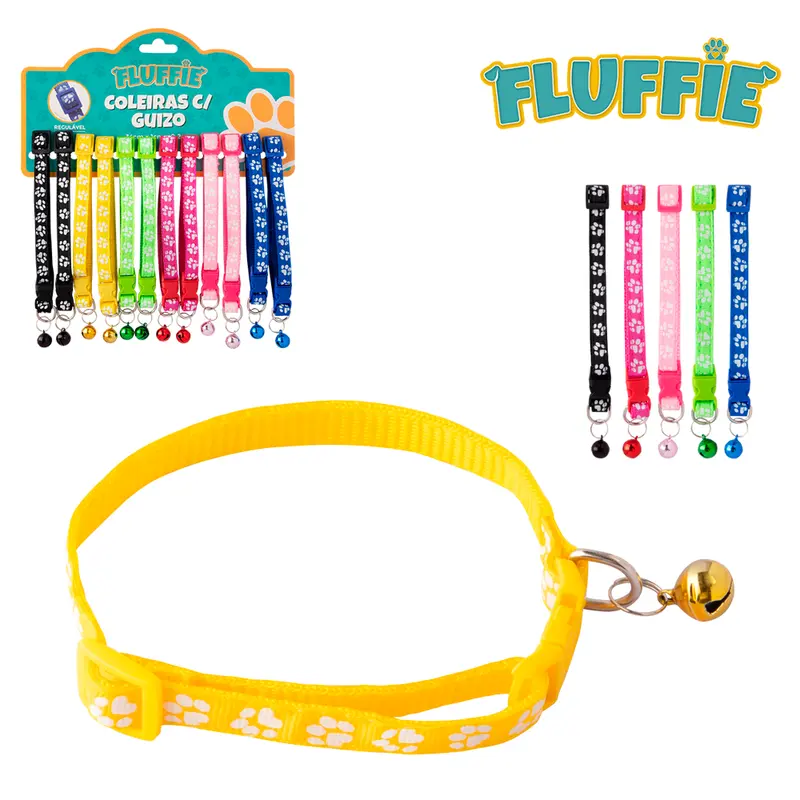 COLEIRA DE POLIESTER PARA CACHORRO COM FECHO E GUIZO FLUFFIE COM 12 PECAS 34X1CM