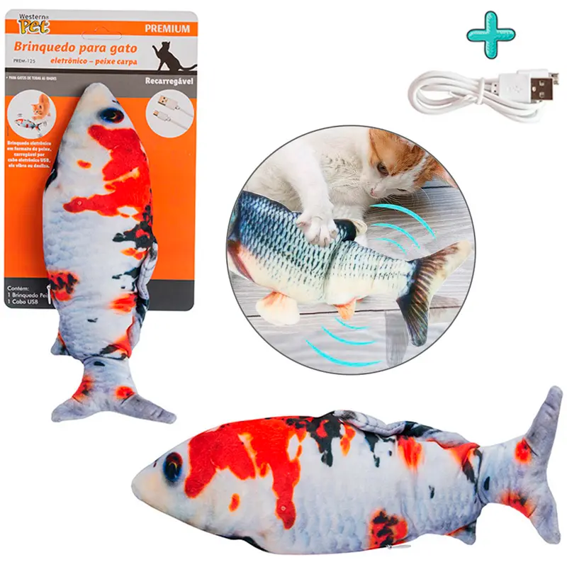 BRINQUEDO PARA GATO PEIXE CARPA DE POLIESTER RECARREGAVEL COM CABO USB PREMIUM