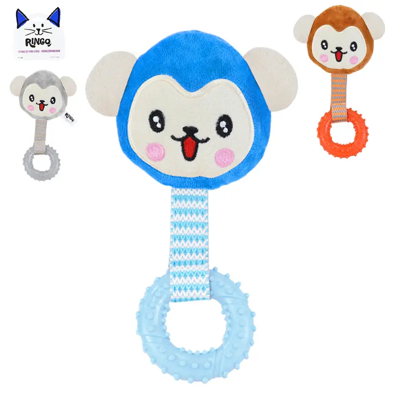 BRINQUEDO MORDEDOR PARA GATO MACACO DE PELUCIA COM SOM + ARGOLA DE BORRACHA MACICO 20X14X4,5CM