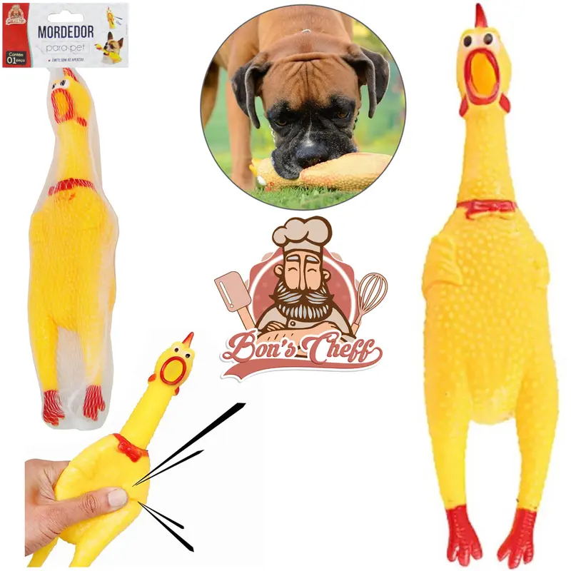 BRINQUEDO PARA CACHORRO FRANGO DE PLASTICO COM SOM 28CM BONS CHEFF