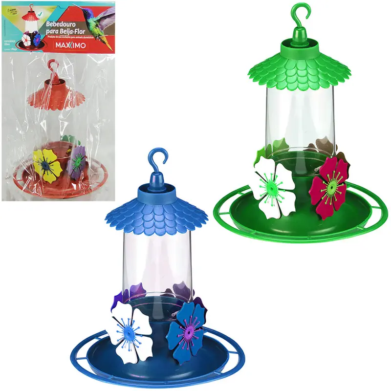 BEBEDOURO DE PLASTICO COLORS PARA BEIJA FLOR COM POLEIRO E CHAPEU 290ML