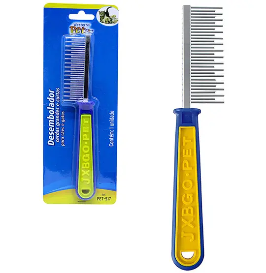 PENTE DE METAL DESEMBOLADOR PARA CACHORRO E GATO COM CERDAS GRANDE E PEQUENA 19CM
