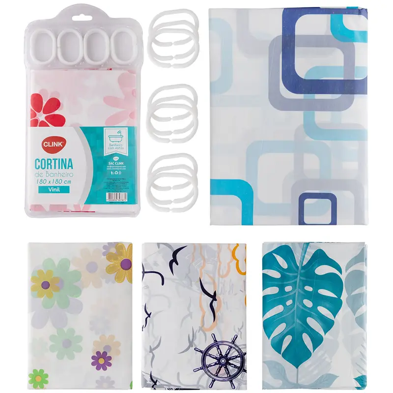 CORTINA DE BOX DE PLASTICO VINIL ESTAMPAS SORTIDAS COM 12 GANCHOS 180X180CM