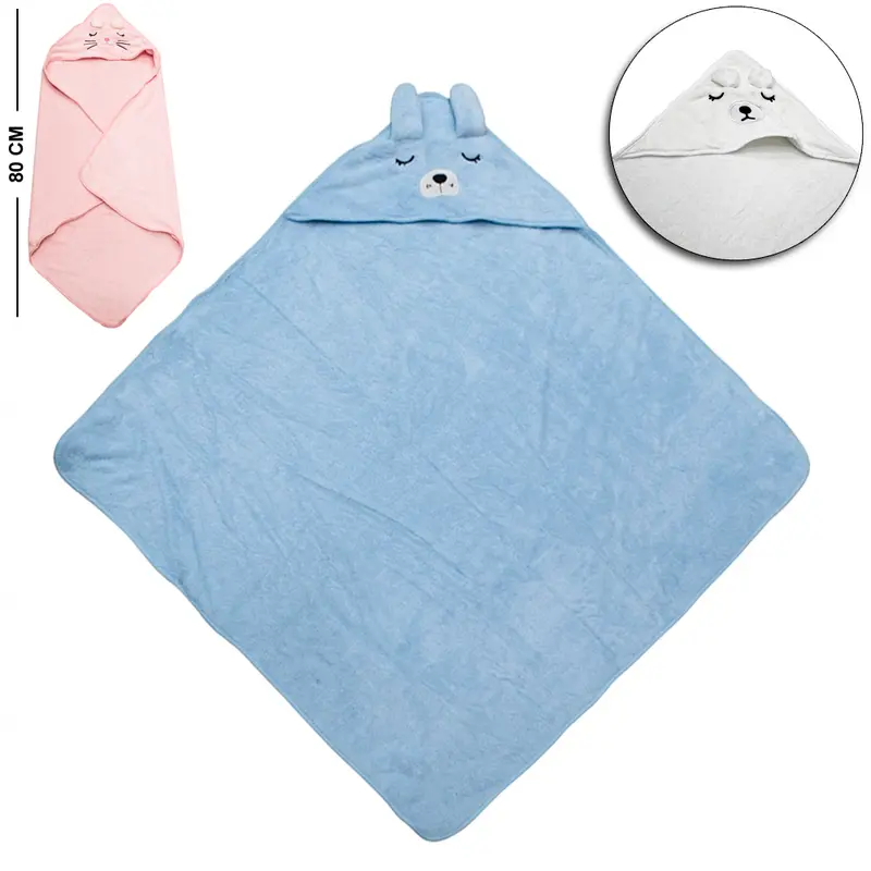 TOALHA DE BANHO INFANTIL DE POLIESTER COM CAPUZ BICHINHO 80X80CM