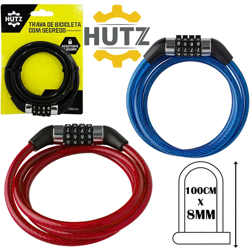CADEADO TRAVA DE BICICLETA / MOTO COM SEGREDO HUTZ 100CMX8MM