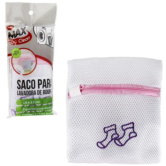 SACO PARA LAVAR ROUPA MEIAS BORDADO COM ZIPER MAX CLEAN 22X18CM