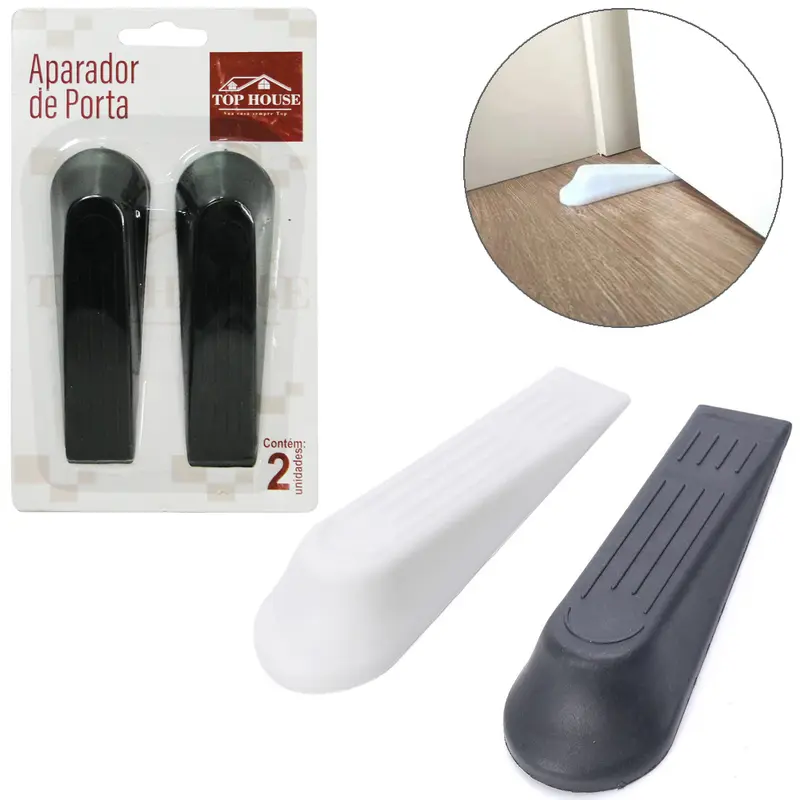 APARADOR / TRAVA DE PORTA DE PLASTICO PRETO/BRANCO COM 2 PECAS 11,5X3,5CM NA CARTELA