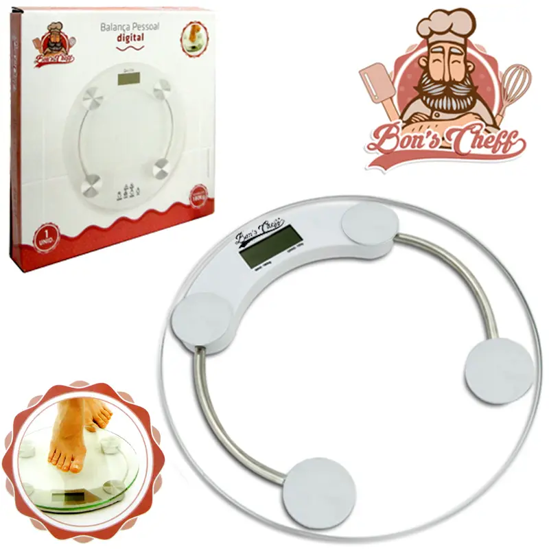 BALANCA DE PISO DIGITAL DE VIDRO REDONDA BONS CHEFF 180KG 28CM DE Ø A BATERIA
