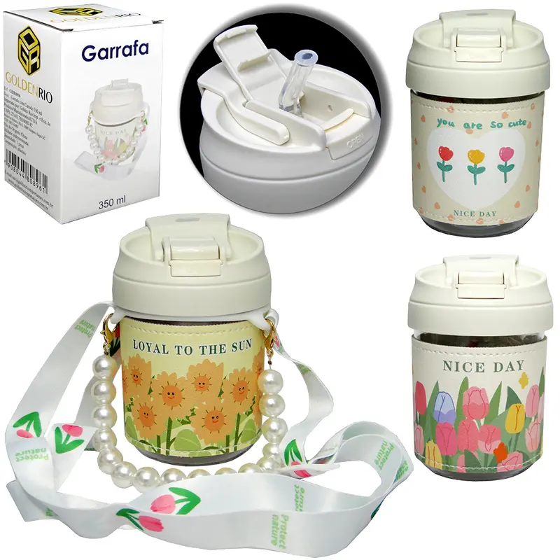 GARRAFA SQUEEZE DE PLASTICO AS COM CANUDO + BOTAO E ALCA PEROLA 350ML