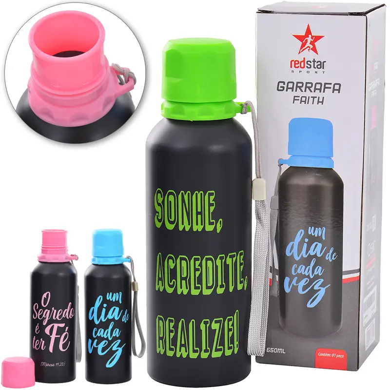GARRAFA SQUEEZE DE ALUMINIO FAITH FRASES COM TAMPA E ALCA 650ML