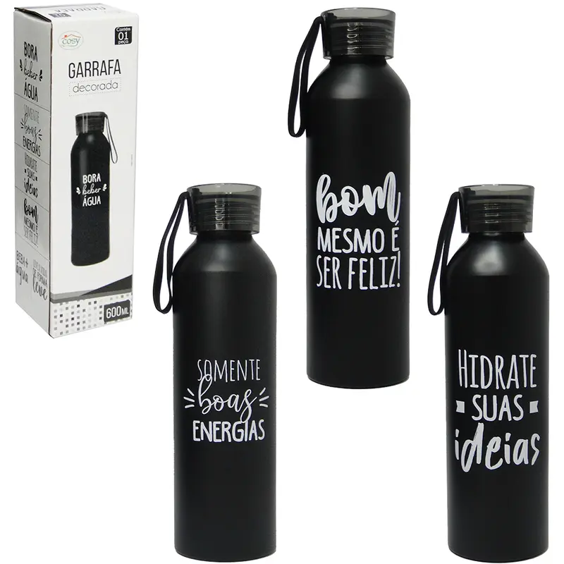 GARRAFA SQUEEZE DE INOX PRETA FRASES COM TAMPA 600ML