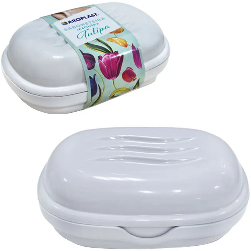 SABONETEIRA DE PIA DE PLASTICO OVAL TULIPA BRANCA COM TAMPA 11X7,5X4CM