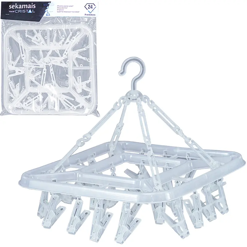 VARAL DE PENDURAR DE PLASTICO QUADRADO FIXO COM 24 PRENDEDORES CRISTAL 32CM