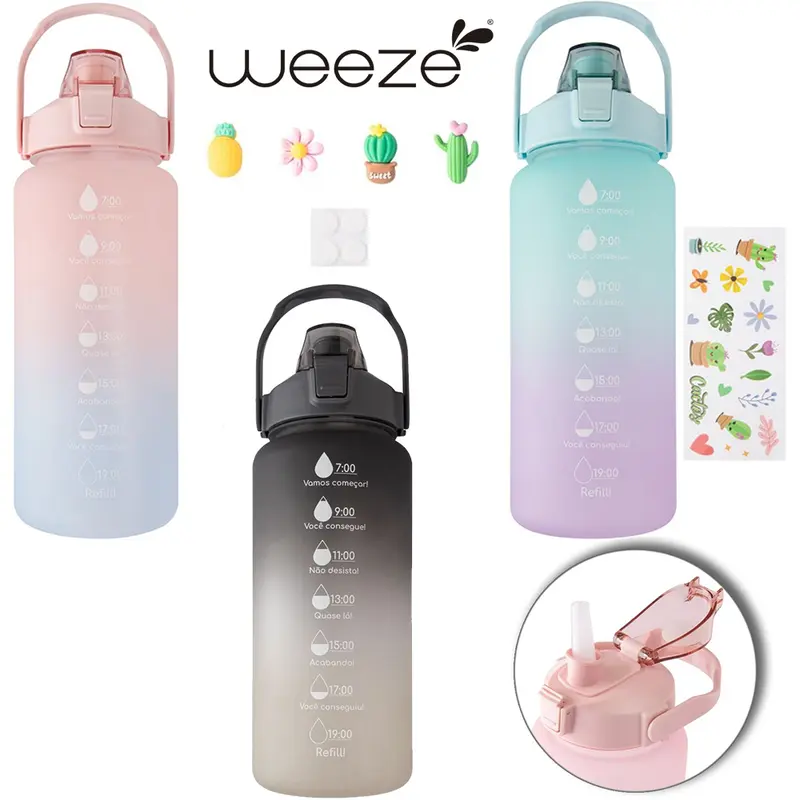 GARRAFA SQUEEZE DE PLASTICO AS EMBORRACHADO MOTIVACIONAL COM CANUDO + ADESIVO WEEZE 2000ML