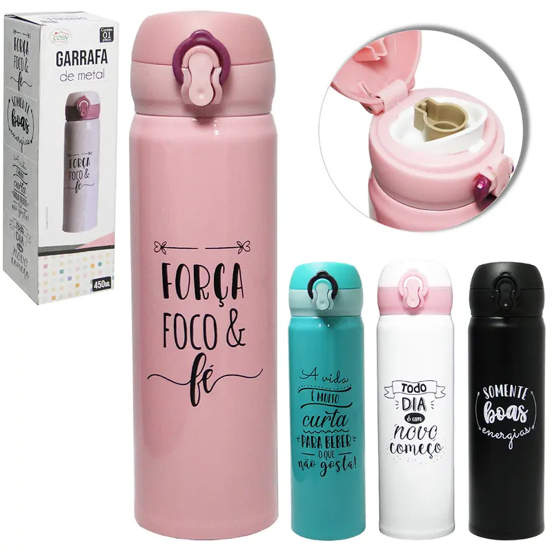 GARRAFA TERMICA DE INOX FRASES SORTIDAS COM BOTAO + TRAVA 450ML