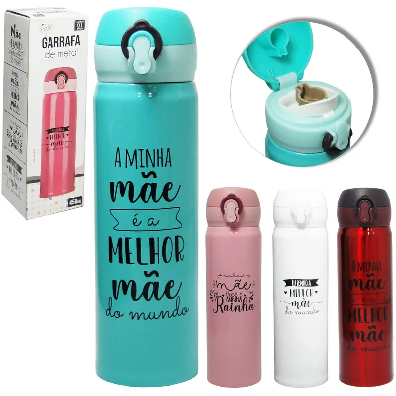 GARRAFA SQUEEZE DE ALUMINIO FRASES MAES COM BOTAO + TRAVA 450ML