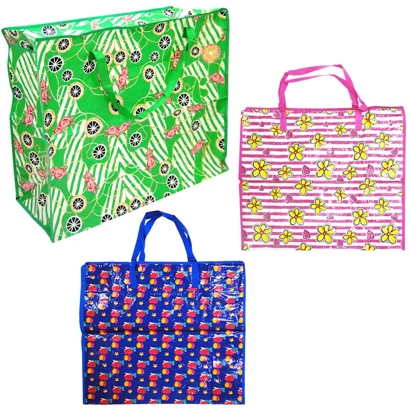 SACOLA DE NYLON REUTILIZAVEL COM ZIPER ESTAMPADA 65X55X25CM