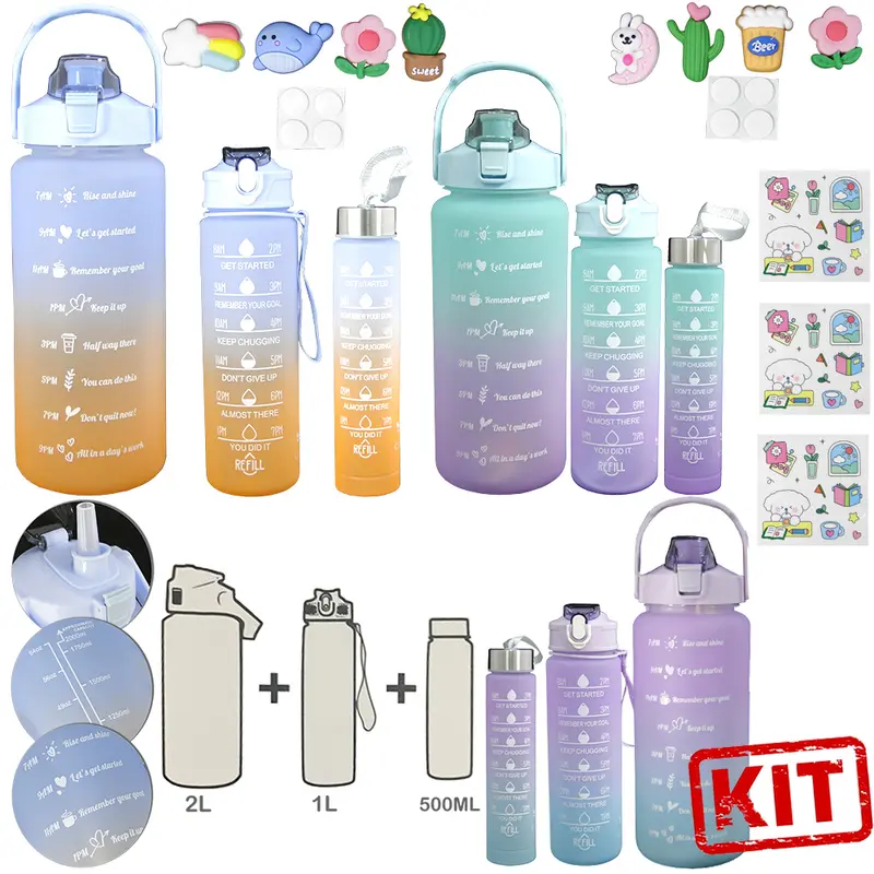 GARRAFA SQUEEZE DE PLASTICO AS EMBORRACHADO MOTIVACIONAL COM CANUDO + ADESIVO 3 PECAS