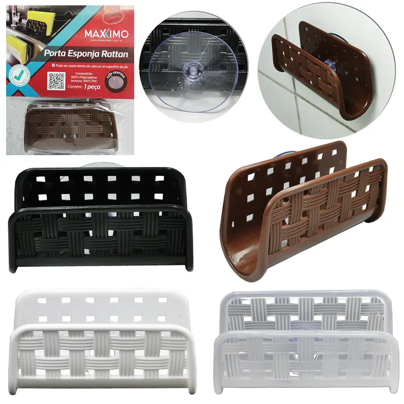 PORTA ESPONJA DE PIA DE PLASTICO RATTAN COM VENTOSA 10,5X6X4,5CM