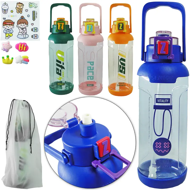 GARRAFA SQUEEZE DE PLASTICO AS COM CANUDO + ADESIVO + BOTAO E TRAVA 1800ML