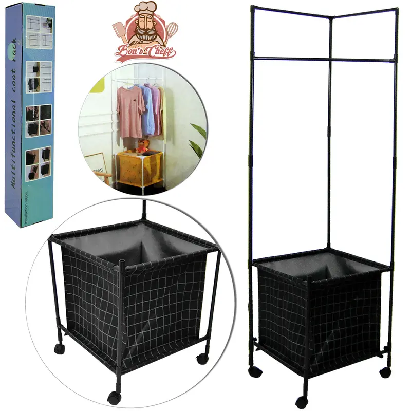 CABIDEIRO DE PISO / CANTO ACO / PLASTICO ARARA COM CESTO + BASE RODIZIO 180X65X48CM