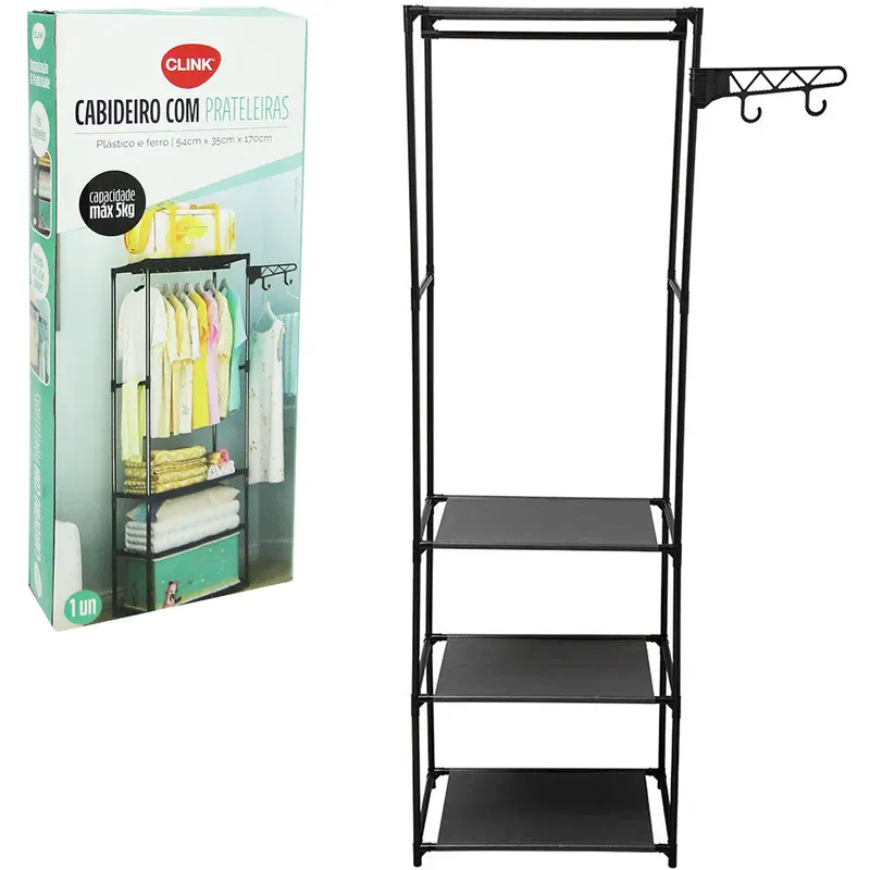 CABIDEIRO DE PISO METAL / PLASTICO ARARA COM 3 PRATELEIRAS + 2 GANCHOS 170X54X35CM