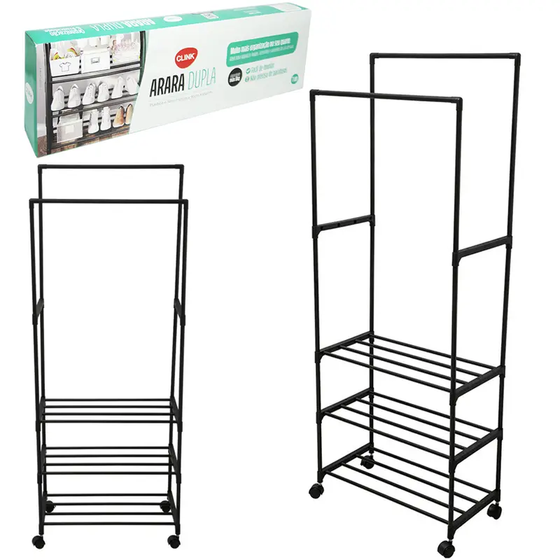 CABIDEIRO DE PISO METAL / PLASTICO ARARA DUPLA 3 PRATELEIRAS + BASE RODIZIO 154X57X30CM