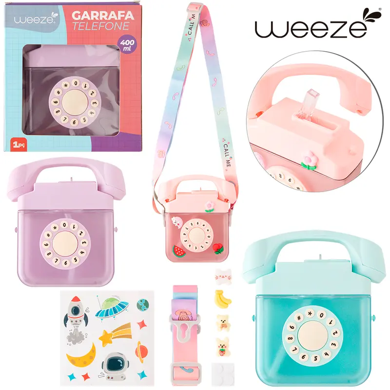 GARRAFA SQUEEZE DE PLASTICO AS TELEFONE COM CANUDO + ADESIVO E ALCA WEEZE 400ML