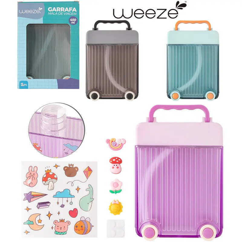 GARRAFA SQUEEZE DE PLASTICO AS MALA VIAGEM COM CANUDO + ACESSORIOS 450ML