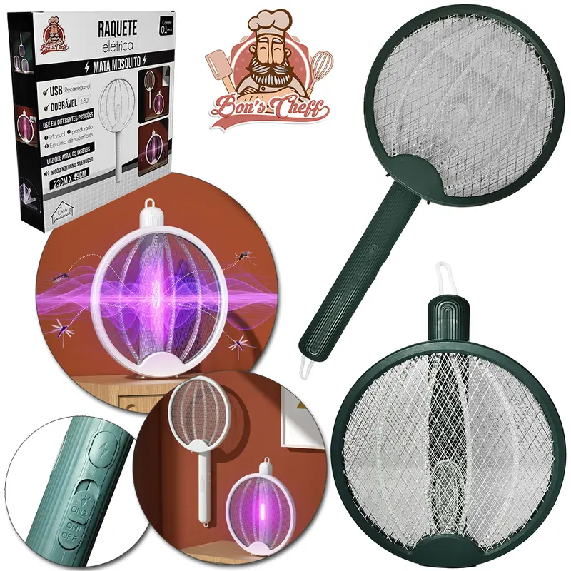 RAQUETE MATA MOSQUITO REDONDA RECARREGAVEL DOBRAVEL COM LAMPADA UV BIVOLT 49X23CM