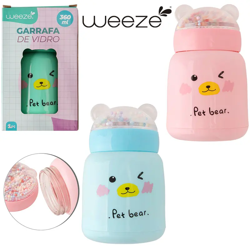 GARRAFA DE VIDRO REVESTIDO DE PLASTICO URSO COM TAMPA DE ROSCA E ALCA WEEZE 360ML