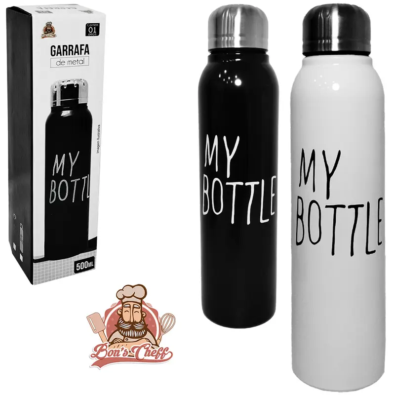 GARRAFA SQUEEZE DE ALUMINIO MY BOTTLE BLACK/WHITE COM TAMPA 500ML BONS CHEFF
