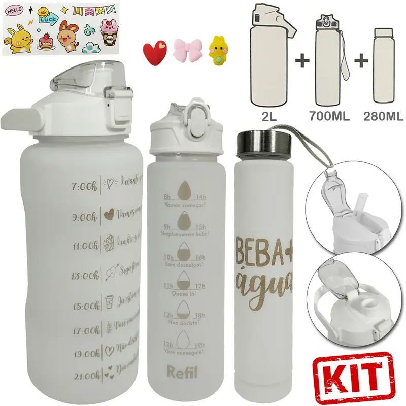 GARRAFA SQUEEZE DE PLASTICO EMBORRACHADO BRANCA MOTIVACIONAL KIT 3 PECAS 2L + 700ML + 280ML