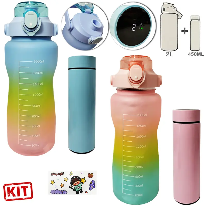 GARRAFA SQUEEZE DE PLASTICO MOTIVACIONAL 2L + GARRAFA TERMICA DE INOX COM TERMOMETRO 450ML