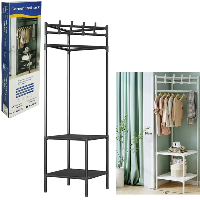 CABIDEIRO DE PISO/CANTO METAL/PLASTICO ARARA COM 3 PRATELEIRAS + 8 GANCHOS 185X40CM