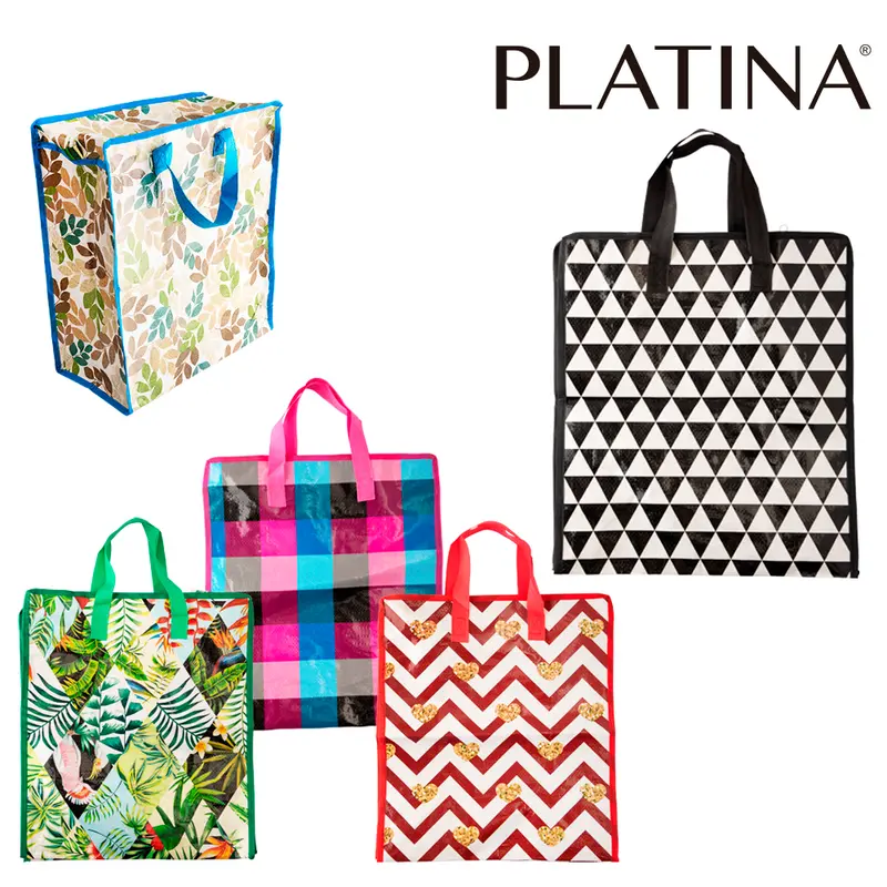 SACOLA DE COMPRAS DE NYLON REUTILIZAVEL COM ZIPER ESTAMPADA PLATINA 39,5X34,5X17,5CM