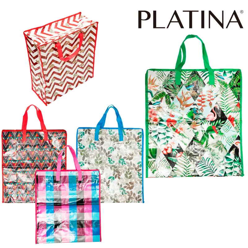 SACOLA DE COMPRAS DE NYLON REUTILIZAVEL COM ZIPER ESTAMPADA PLATINA 49,5X44,5X19,5CM