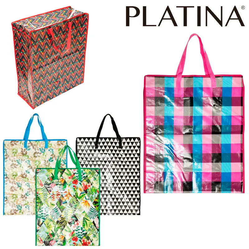 SACOLA DE COMPRAS DE NYLON REUTILIZAVEL COM ZIPER ESTAMPADA PLATINA 64,5X54,5X24,5CM