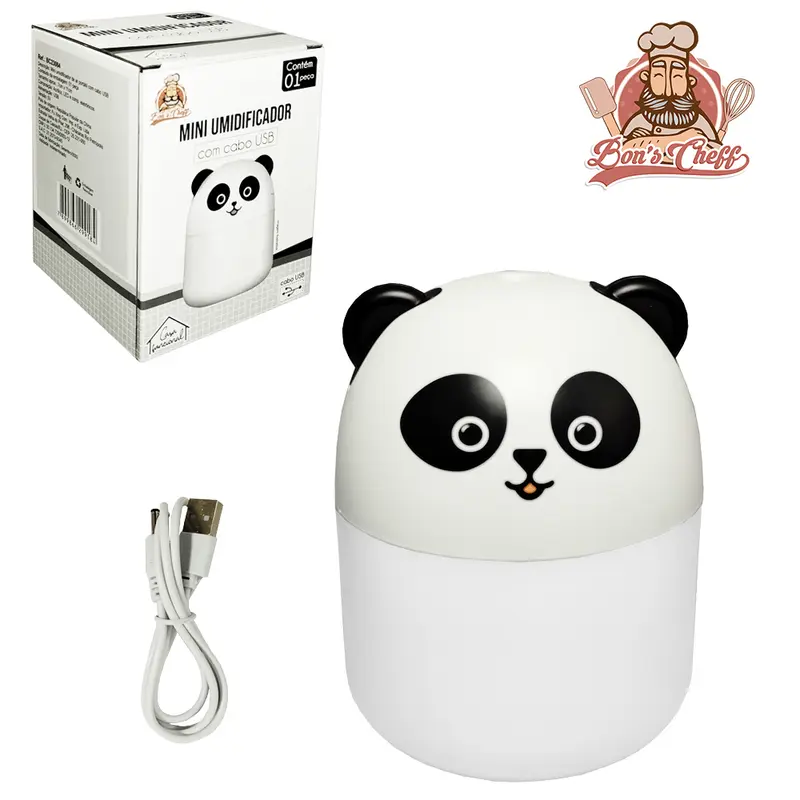 UMIDIFICADOR PARA AMBIENTES PANDA COM LUZ + CABO USB 180ML 11X7CM