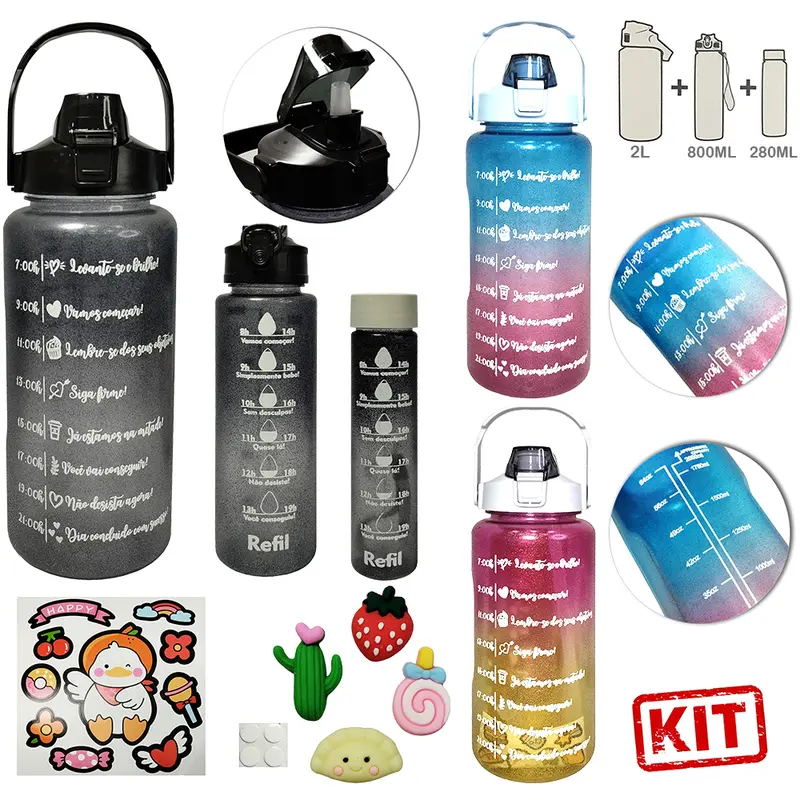 GARRAFA SQUEEZE DE PLASTICO COLORS GLITTER MOTIVACIONAL KIT 3 PECAS 2L + 800ML + 280ML