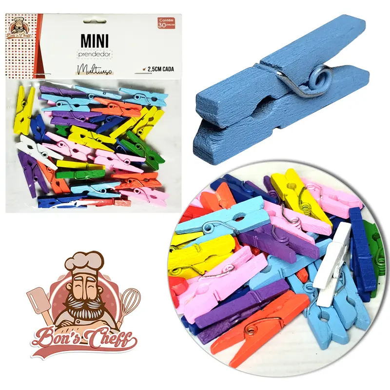 MINI PRENDEDOR DE MADEIRA COLORS COM 30 PECAS 2,5CM