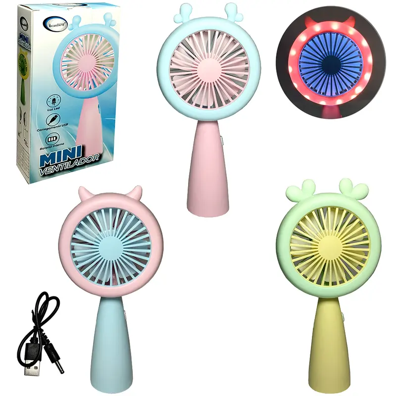 MINI VENTILADOR DE MAO / MESA PORTATIL RECARREGAVEL 5V COM 2 VELOCIDADES + LUZ E CABO USB 19X9,2X3,5CM