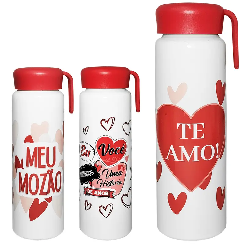 GARRAFA SQUEEZE DE ALUMINIO CORACAO COM TAMPA + ALCA DE SILICONE 600ML