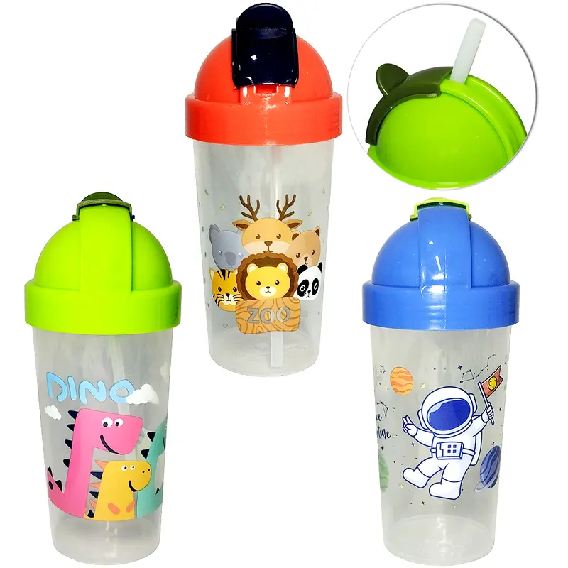 GARRAFA SQUEEZE DE PLASTICO COM CANUDO ESTAMPAS SORTS 280ML