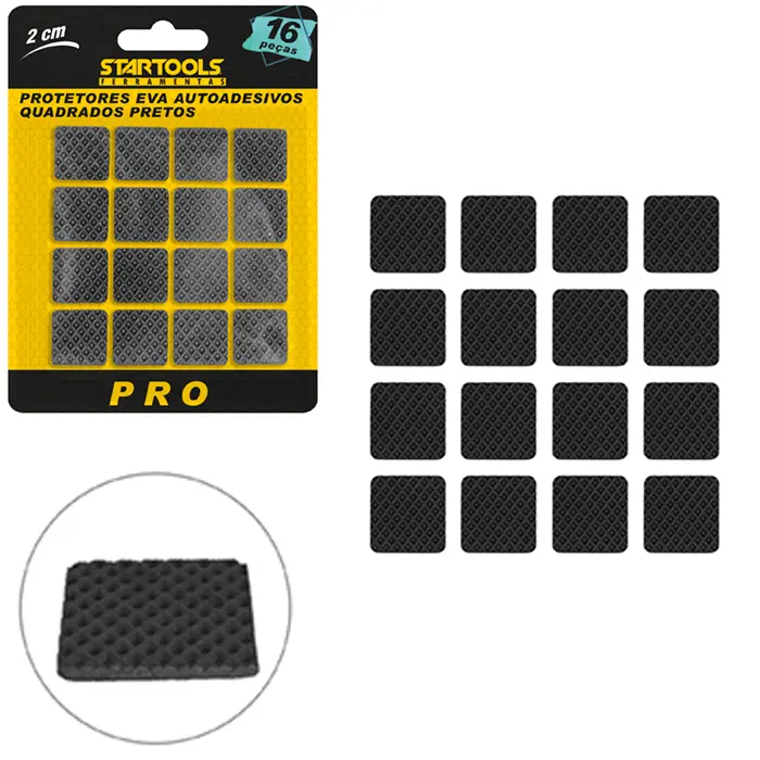PROTETOR AUTOADESIVO PARA MOVEIS EM EVA QUADRADO PRETO PRO COM 16 PECAS 2CM