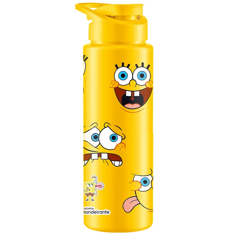 GARRAFA SQUEEZE DE PLASTICO PET SPORT AMARELO BOB ESPONJA CARAS PARAMO COM TAMPA + ALCA 750ML