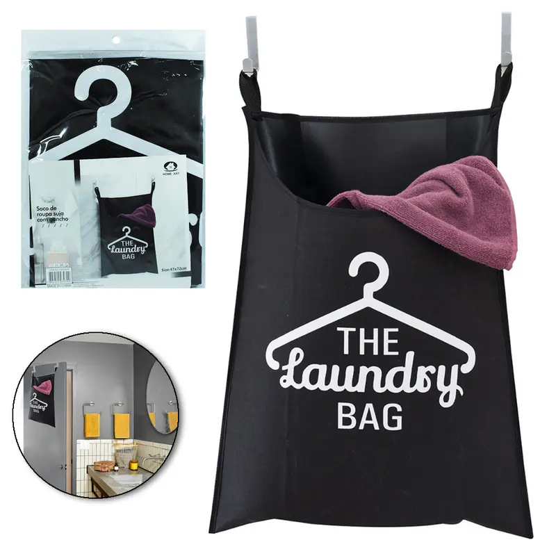 SACO DE POLIESTER PRETO PARA ROUPA SUJA COM 2 CABIDE GANCHO DE METAL QUADRADO AUTOADESIVO 72X47CM