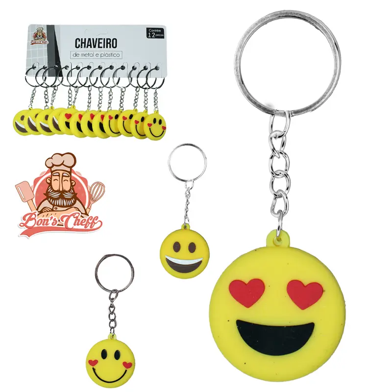 CHAVEIRO EMBORRACHADO EMOTICONS COM 12 PECAS 3CM DE Ø