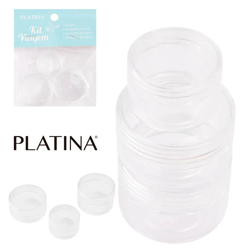 KIT VIAGEM MINI POTE PORTA CREME DE PLASTICO PLATINA COM 3 PEÇAS 15ML
