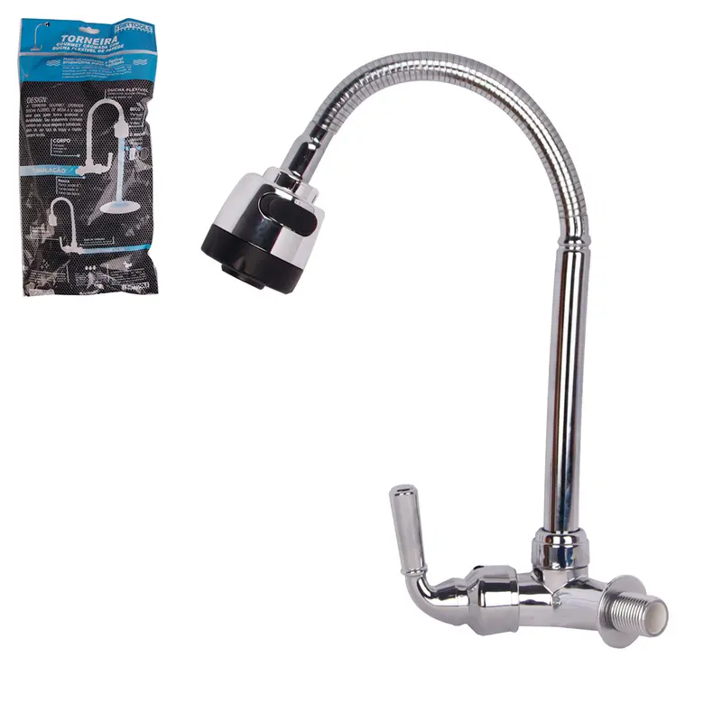 TORNEIRA DE INOX / PLASTICO PVC CROMADA GIRATORIA ABS COM DUCHA FLEXIVEL GOURMET DE PAREDE PRO 46X10X6CM